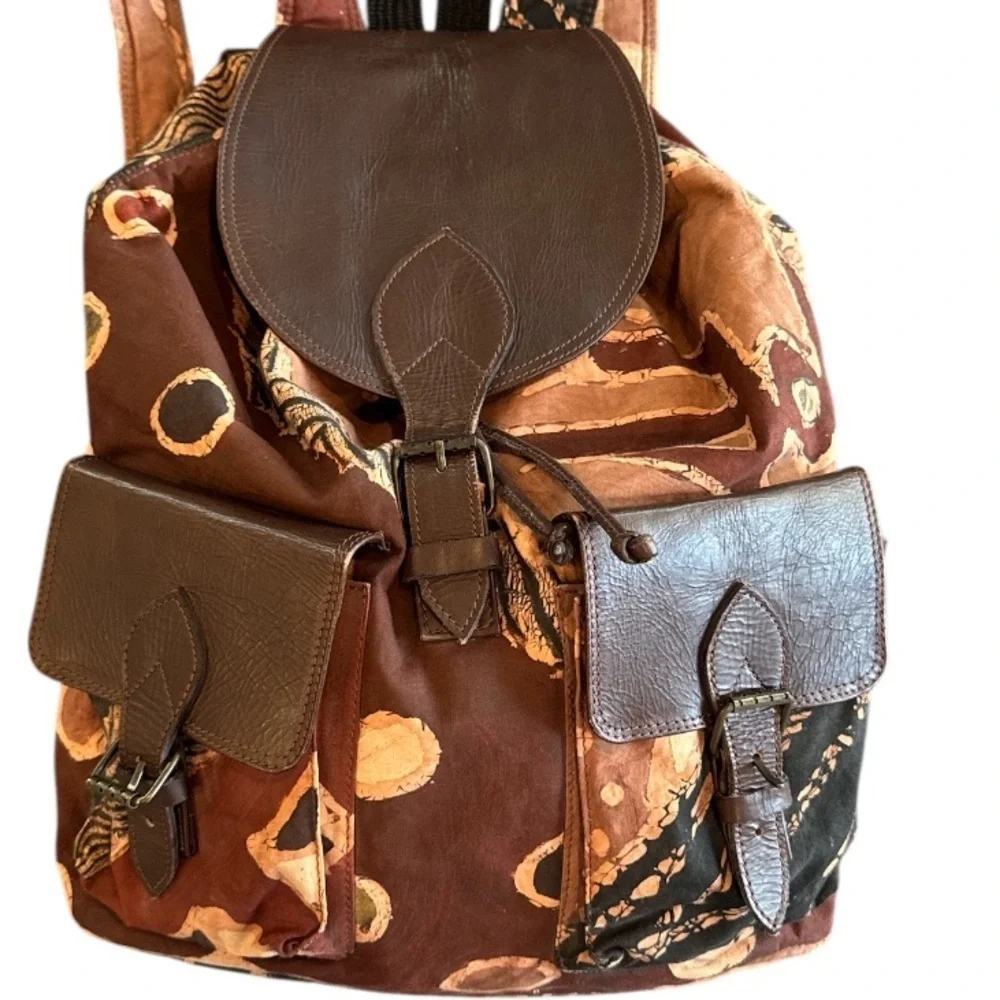 The Trading Company Brown Batik Print Cloth & Leather Backpack NWOT